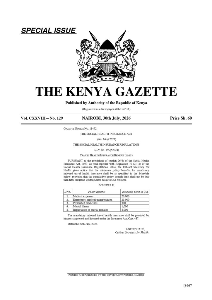 Kenya Gazette Notice No. 11492 and court gavel illustrating the frozen US$50,000 travel insurance rule for Kenya safaris.